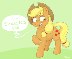 Size: 975x800 | Tagged: safe, artist:yellowbooze, applejack, earth pony, pony, g4, blushing, cute, dialogue, female, gap teeth, green background, jackabetes, mare, raised hoof, simple background, solo, speech bubble, y'all