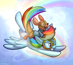 Size: 1490x1329 | Tagged: safe, artist:thedoggygal, rainbow dash, kangaroo, pegasus, pony, g4, crossover, disney, female, flying, goggles, male, mare, roo, winnie the pooh