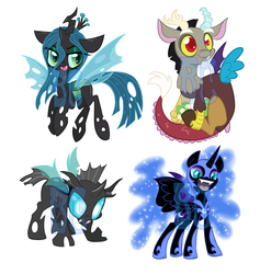 Size: 2238x2358 | Tagged: safe, artist:jitterbugjive, discord, nightmare moon, queen chrysalis, alicorn, changeling, changeling queen, draconequus, pony, g4, chibi, female, helmet, high res, hoof shoes, lidded eyes, open mouth, open smile, smiling