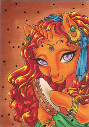 Size: 600x855 | Tagged: safe, artist:shaiyeh, gypsy (g1), pony, unicorn, g1, ear piercing, earring, eyelashes, female, jewelry, lidded eyes, mare, musical instrument, piercing, romani, solo, tambourine, traditional art