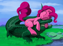 Size: 3000x2195 | Tagged: safe, artist:dimfann, gummy, pinkie pie, g4, cute, diapinkes, duo, ear fluff, eyes closed, high res, older, sharp teeth, teeth, this will end in tears