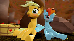 Size: 1366x768 | Tagged: safe, artist:elwisfrompoland, applejack, rainbow dash, g4, 3d, blushing, butt touch, feathermarking, female, lesbian, never doubt tchernobog's involvement, ship:appledash, shipping, sitting, source filmmaker