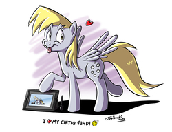 Size: 1280x981 | Tagged: safe, artist:tobibrocki, derpy hooves, pegasus, pony, g4, cintiq, droste effect, female, graphics tablet, heart, mare, recursion, signature, solo, tongue out, underp
