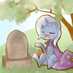Size: 800x800 | Tagged: safe, artist:gyaheung, trixie, pony, unicorn, g4, eyes closed, female, grave, gravestone, mare, open mouth, orphan, sitting, solo