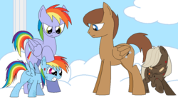 Size: 852x489 | Tagged: safe, artist:hyolark, dumbbell, rainbow blaze, rainbow dash, oc, pegasus, pony, g4, angry, bandaid, beaten up, cloud, cloudy, colt, father, filly, gritted teeth, male, tongue out, younger