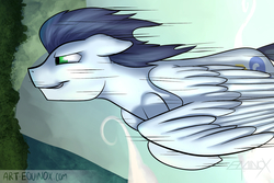 Size: 1280x853 | Tagged: safe, artist:noxy, soarin', pegasus, pony, g4, backwards cutie mark, diving, flying, male, solo, speed