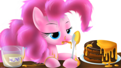 Size: 2560x1440 | Tagged: safe, artist:awalex, pinkie pie, g4, female, honey, licking, pancakes, solo, spoon, tongue out