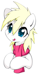 Size: 711x1360 | Tagged: safe, artist:grumblepluck, artist:planetarypenguin, oc, oc only, oc:aryanne, pony, blonde, clothes, cute, female, happy, heart, holding hooves, looking up, scarf, solo, tongue out, trace, winter