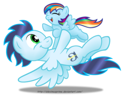 Size: 1024x804 | Tagged: safe, artist:aleximusprime, soarin', oc, oc:violet, g4, backwards cutie mark, cute, daddy soarin', father and daughter, filly, offspring, parent:rainbow dash, parent:soarin', parents:soarindash, simple background, transparent background