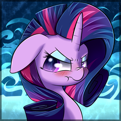 Size: 1250x1250 | Tagged: safe, artist:madacon, twilight sparkle, pony, g4, alternate hairstyle, blushing, bust, cutie mark, eye reflection, female, implied rarity, makeup, rarity hair, reflection, scrunchy face, solo, twilight sparkle is not amused, unamused