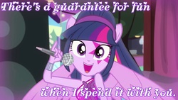 Size: 1280x720 | Tagged: safe, edit, screencap, twilight sparkle, equestria girls, g4, my little pony equestria girls: rainbow rocks, perfect day for fun, bronybait, cute, female, microphone, ponied up, solo, text edit, times new romance