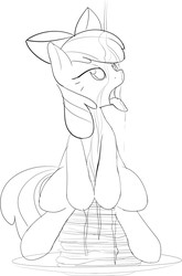 Size: 867x1316 | Tagged: safe, artist:mcsadat, apple bloom, earth pony, pony, g4, bedroom eyes, female, foodplay, grayscale, monochrome, open mouth, pancakes, sitting, solo, syrup, tongue out