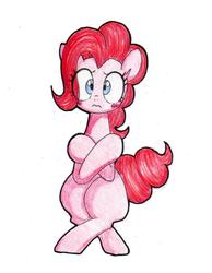 Size: 700x900 | Tagged: dead source, safe, artist:unousaya, pinkie pie, g4, 3:, blushing, female, frown, simple background, sitting, solo, traditional art, wide eyes