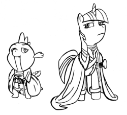 Size: 1603x1440 | Tagged: safe, artist:sractheninja, spike, twilight sparkle, g4, game of thrones, monochrome, robb stark, smug, sword, theon greyjoy