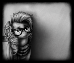 Size: 1280x1080 | Tagged: safe, artist:ventious, pinkie pie, earth pony, pony, g4, alternate hairstyle, clothes, female, frown, glasses, grayscale, hipster, lidded eyes, monochrome, raised eyebrow, scarf, solo, unamused