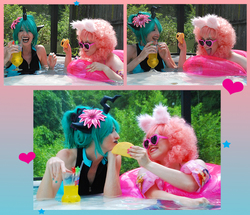 Size: 878x756 | Tagged: safe, artist:amazonmandy, artist:angelsamui, queen chrysalis, oc, oc:fluffle puff, human, g4, cocktail, cosplay, irl, irl human, photo, swimming pool, taco