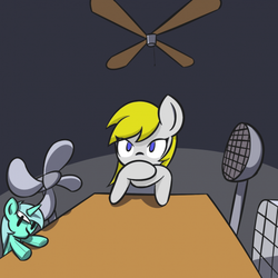 Size: 500x500 | Tagged: safe, artist:manicpanda, edit, oc, oc only, oc:aryanne, art theft, blonde, fan, female, holding hooves, interrogation, lighting, looking at you, lyra plushie, microphone, recolor, room, solo