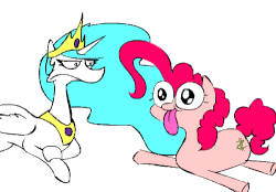 Size: 500x347 | Tagged: source needed, safe, artist:peanutbutter, pinkie pie, princess celestia, g4, :p, abuse, alternate cutie mark, angry, animated, annoyed, boxing gloves, derp, dollar sign, female, fist, frown, masterpiece, pinkiebuse, prone, punch, silly, simple background, smiling, tongue out, unamused, wat, wide eyes