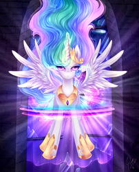 Size: 1617x2000 | Tagged: safe, artist:caramelflower, princess celestia, alicorn, pony, g4, princess twilight sparkle (episode), female, levitation, magic, scene interpretation, solo, spread wings