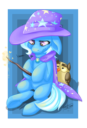 Size: 1600x2353 | Tagged: safe, artist:yellowstumps, owlowiscious, trixie, g4, wand