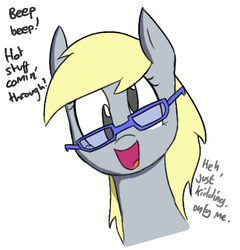 Size: 422x439 | Tagged: safe, artist:shoutingisfun, derpy hooves, pegasus, pony, g4, colored, cute, derpabetes, dialogue, female, glasses, happy, it was me, looking at you, mare, open mouth, self deprecation, simple background, solo, talking to viewer, white background