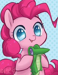 Size: 319x412 | Tagged: safe, artist:mousu, gummy, pinkie pie, earth pony, pony, g4, cute, diapinkes, duo, female, gummy doesn't give a fuck, gummybetes, happy, mare, polka dot background, smiling