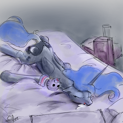 Size: 1280x1280 | Tagged: safe, artist:silfoe, princess luna, twilight sparkle, alicorn, pony, lunadoodle, g4, bed, blob, drool, eyes closed, face down ass up, female, implied lesbian, implied shipping, implied twiluna, luggage, mare, plushie, prone, sleeping, solo, tumblr, twilight sparkle (alicorn)
