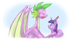 Size: 1722x938 | Tagged: safe, artist:weasselk, spike, twilight sparkle, alicorn, dragon, pony, g4, age progression, commission, crown, eyes closed, fanfic, female, mare, twilight sparkle (alicorn)