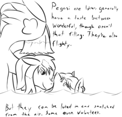 Size: 811x780 | Tagged: safe, artist:cantershirecommons, oc, oc only, oc:mistguard, kelpie, pegasus, pony, dialogue, fetish, imminent vore, mistguards-burrow, monochrome