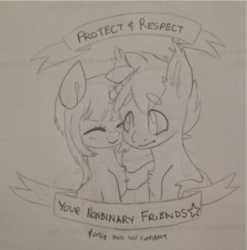 Size: 871x882 | Tagged: safe, artist:timid-arts, oc, oc only, earth pony, pony, unicorn, ear fluff, monochrome, sketch, social justice, traditional art