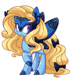 Size: 899x971 | Tagged: safe, artist:looji, oc, oc only, oc:blue peleide, butterfly, butterfly pony, original species, pony, bow, butterfly wings, raised hoof, simple background, solo, tail bow, transparent background
