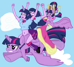 Size: 1302x1177 | Tagged: safe, artist:oneovertwo, twilight sparkle, centaur, human, ponytaur, satyr, anthro, taur, equestria girls, g4, anthro ponidox, belly button, centaur twilight, flying, human ponidox, multeity, not salmon, satyrized, self ponidox, sparkle sparkle sparkle, this isn't even my final form, twilight sparkle (alicorn), wat, what has science done