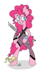 Size: 1206x1975 | Tagged: safe, artist:cyanyeh, pinkie pie, earth pony, pony, g4, bipedal, earring, female, piercing, solo, sword