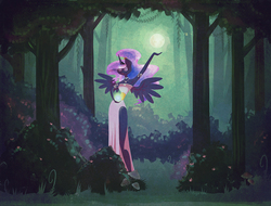 Size: 1200x911 | Tagged: safe, artist:erysz, princess luna, anthro, g4, clothes, dress, eyes closed, female, forest, moon, solo