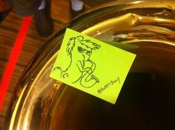 Size: 1280x956 | Tagged: safe, artist:postitpony, everfree northwest, monochrome, musical instrument, saxophone, solo, sticky note, traditional art