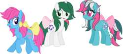 Size: 2420x1051 | Tagged: safe, artist:itoruna-the-platypus, bow tie (g1), fizzy, gusty, earth pony, pony, unicorn, g1, g4, female, g1 to g4, generation leap, mare, simple background, transparent background, trio, trio female, vector