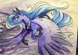 Size: 600x424 | Tagged: dead source, safe, artist:probablyfakeblonde, princess luna, classical unicorn, g4, bedroom eyes, female, flying, gouache, horn, leonine tail, looking at you, smiling, solo, spread wings, traditional art, unshorn fetlocks