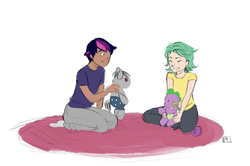 Size: 500x331 | Tagged: safe, artist:demdoodles, smarty pants, spike, twilight sparkle, human, ask the genderswapped mane 7, g4, barb, dark skin, dusk shine, humanized, plushie, rule 63, spike plushie, younger