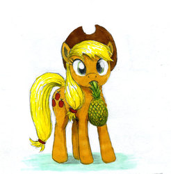 Size: 500x508 | Tagged: safe, artist:el-yeguero, applejack, g4, female, looking at you, mouth hold, pineapple, pineapplejack, solo, traditional art