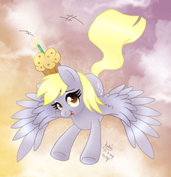 Size: 1180x1220 | Tagged: safe, artist:joakaha, derpy hooves, pegasus, pony, g4, birthday, cute, derpabetes, female, flying, mare, muffin, smiling, solo, spread wings