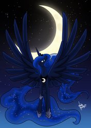Size: 2059x2912 | Tagged: safe, artist:ladynanaki, princess luna, g4, female, flying, high res, large wings, moon, solo, spread wings, stars