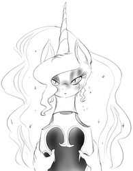 Size: 870x1118 | Tagged: safe, artist:zev, nightmare moon, alicorn, pony, g4, blushing, crying, eyeshadow, grayscale, hand, helmet, lidded eyes, looking at you, makeup, monochrome, pov, sad, simple background, solo focus, white background