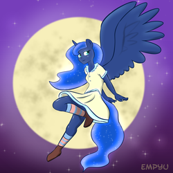 Size: 1000x1000 | Tagged: safe, artist:empyu, princess luna, anthro, g4, 30 minute art challenge, ambiguous facial structure, clothes, dress, female, moon, socks, solo, striped socks