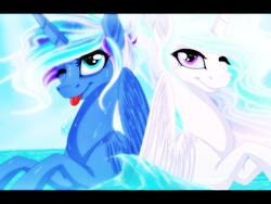 Size: 1600x1200 | Tagged: safe, artist:sevenada, princess celestia, princess luna, g4, tongue out, water, wink