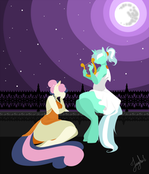 Size: 771x900 | Tagged: safe, artist:jooughust, bon bon, lyra heartstrings, sweetie drops, earth pony, anthro, g4, duo, female, lineless, lyre, moon