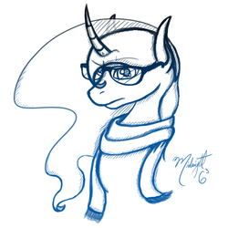 Size: 1000x1000 | Tagged: safe, artist:midnightsix3, princess luna, lunadoodle, g4, clothes, curved horn, female, glasses, horn, monochrome, scarf, solo