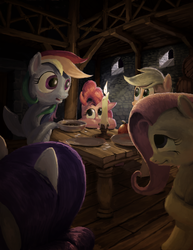 Size: 1280x1656 | Tagged: safe, artist:lordgood, applejack, fluttershy, pinkie pie, rainbow dash, rarity, g4, candle, medieval, table