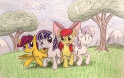 Size: 1126x710 | Tagged: safe, artist:thefriendlyelephant, apple bloom, scootaloo, sweetie belle, oc, oc:starlight sparkle, pony, unicorn, g4, cloud, cloudy, cutie mark crusaders, female, filly, gliding, grass, happy, offspring, parent:night light, parent:twilight velvet, parents:nightvelvet, running, smiling, traditional art, tree