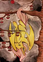 Size: 415x595 | Tagged: safe, artist:kyuu-vixen-cosplay, fluttershy, g4, apple, female, flutterbat, hanging, prehensile tail, sleeping, solo, tail, tree, upside down