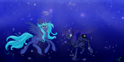 Size: 3000x1500 | Tagged: safe, artist:starfox365, princess luna, oc, oc:lenitae, alicorn, pony, g4, blue background, blue eyes, blue mane, blue tail, bubble, crepuscular rays, cute, digital art, duo, duo female, ethereal mane, ethereal tail, eye clipping through hair, feather, female, flowing mane, flowing tail, galaxy, holding breath, horn, long horn, mane, mare, ocean, puffy cheeks, signature, simple background, smiling, space, spread wings, sunlight, swimming, tail, underwater, water, wings